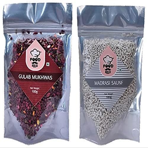 Foodholic Premium Mouth Freshener Combo Pack of 2 (100 Gm Each) (Madrasi Saunf X 1 & Gulab Mukhwas X 1)_Packing May Vary
