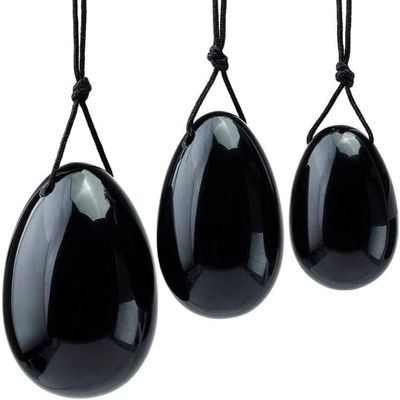 Yibaigems Black Jade Y-O-N-I Eggs Massage Stone, Black Obsidian Massage Balls, Natural Crystal Massage Stone, Stress Release Exercise Balls for Women Pelvic Muscles Train