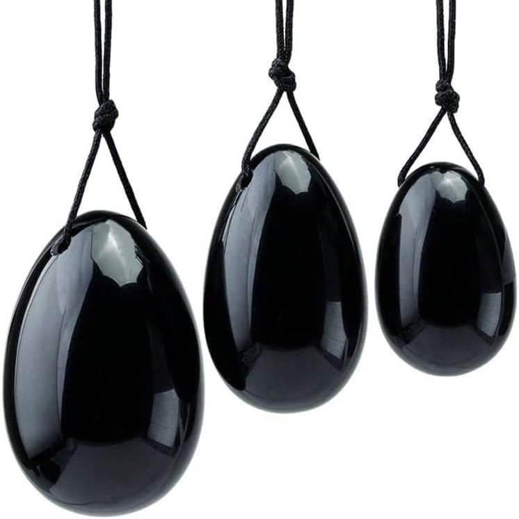 Yibaigems Black Jade Y-O-N-I Eggs Massage Stone, Black Obsidian Massage Balls, Natural Crystal Massage Stone, Stress Release Exercise Balls for Women Pelvic Muscles Train