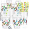 FoldTier Hawaiian Party Decorations Cups 12 oz Luau Party Decorations Plastic Cold Drinks Tiki Cups Clear Disposable with Lids Straws for Summer Holiday Tropical Supplies view 1