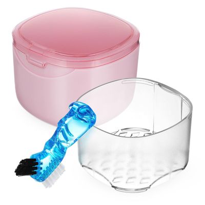 FOMIYES Leak- Bath with Cleaner Brush and Retainer Holder Box - Care for Dentures, Braces, and, Ideal for Traveling (Pink)