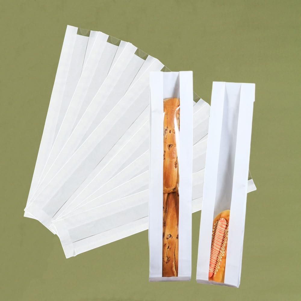 50 Pack Paper Bread Bag,Baguette Kraft Bags 23"x4"x1.6" Bakery Storage Bag with Clear Front Window and 64 Pcs Clear Seal Sticker for Homemade Bread, French Bread (White)