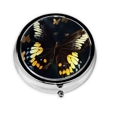 Pill Box 3 Compartment Round Small Pill Case Travel Pillbox for Purse Pocket Animal Butterfly Metal Medicine Organizer Portable Pill Container Holder to Hold Vitamins MedicationSupplements