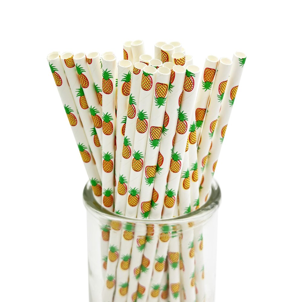 100 Pcs Disposable Straws, Biodegradable Paper Straws for Juices, Shakes, Smoothies, Party Supplies (Pineapple)