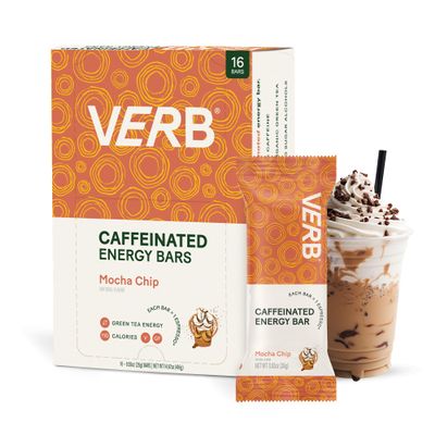 Verb Caffeinated Energy Bars Mocha Chip (26g, Pack of 16) 110-Calorie Delicious Low Sugar Energy Bar - Vegan Gluten Free On-the Go Snack with 80mg Green Tea Caffeine, Only Real-Food Ingredients