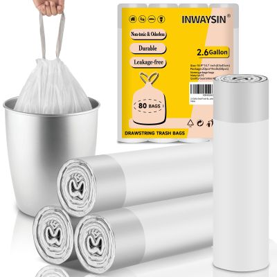 2.6 Gallon Small-Trash-Bags Plastic Drawstring Garbage-Bag - Mini Tiny White Unscented 80 Count For Bathroom Car Can Restroom Office Liners Waste Basket Strong Bulk Inwaysin
