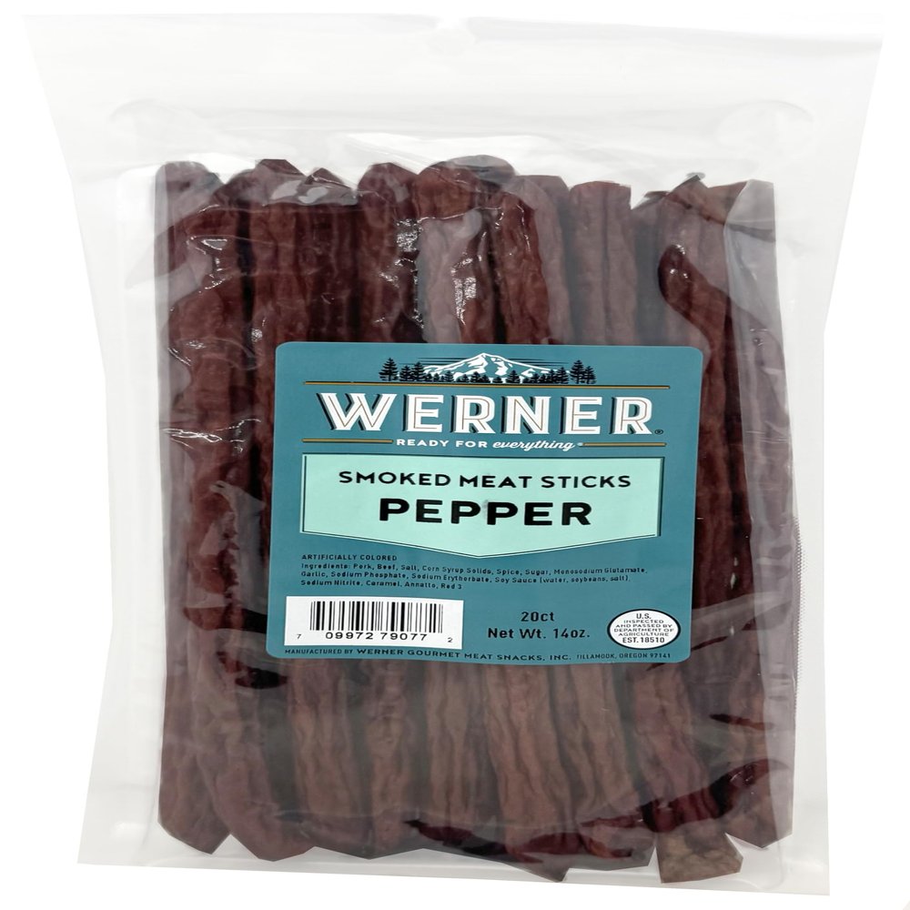 Werner Pepper Smoked Meat Sticks - 20 Pork and Beef Sticks Bulk Pepper Meat Snacks 14 Ounce (20 Individual Sticks, 9" Sticks)