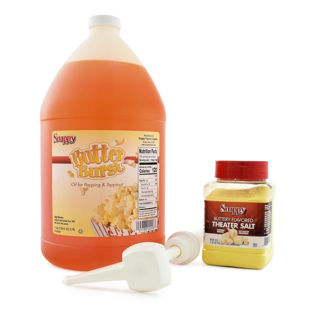 Snappy Butter Burst Popcorn Oil for Popping and Popcorn Topping, Buttery Flavored Popcorn Theater Salt and Oil Pump Dispenser for 1 Gallon Jug, 3 Count