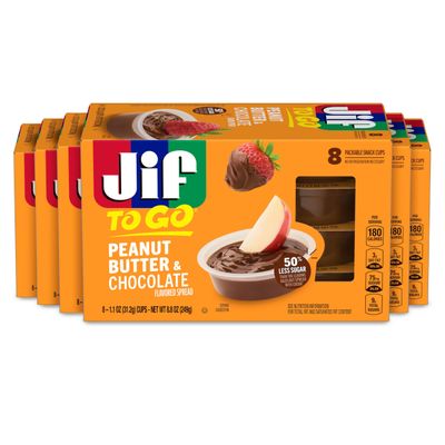 Jif Peanut Butter & Chocolate To Go, 1.1 Ounce Cups, 8 Count (Pack of 6), 48 Cups Total, Less Sugar, Thick & Creamy Texture