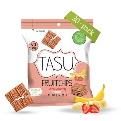 TASU Strawberry Bananas Dried Fruit Chips | 100% Natural Healthy Chips Made from Real Fruit | Crispy, Crunchy Snack Bags for Kids and Adults | No Sugar Added, Vegan, Gluten Free | 1 oz, 30 Pack