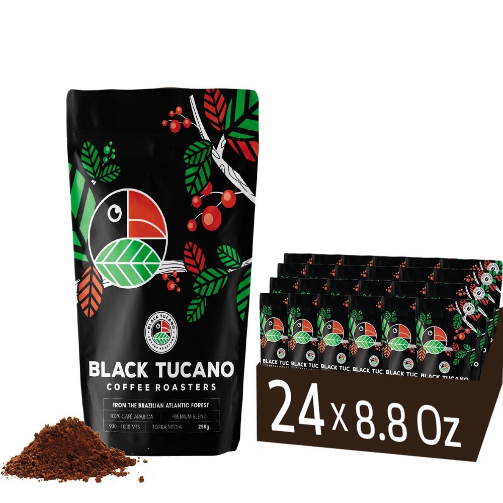 Black Tucano Specialty Coffees - 24 PACK Brazilian Medium Roast Coffee - Premium Blend Ground Box with 6 kilos - 24units of 250gr Best Deal send from the Factory to your Home Fresh Coffee