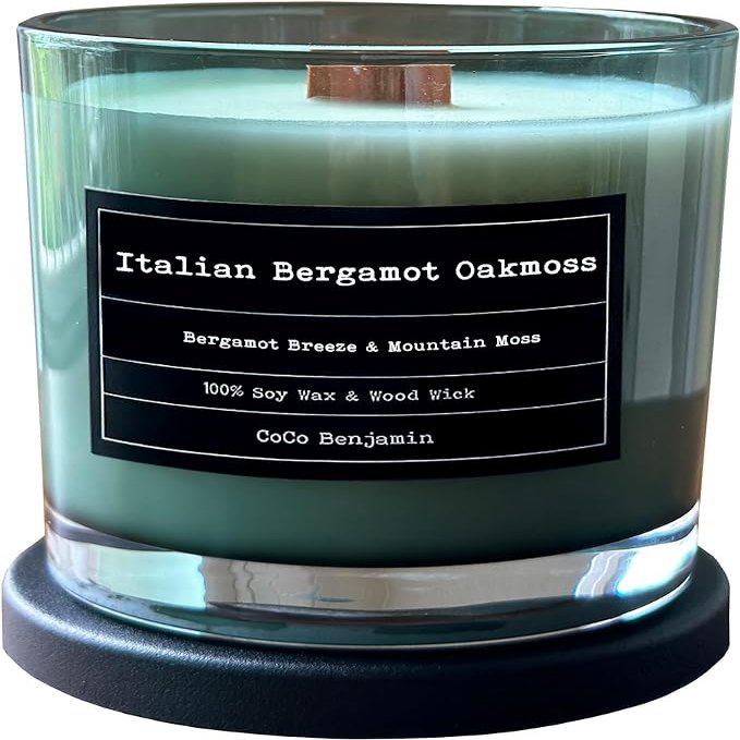 100% Soy, Highly Scented, Hand Poured Soy Candle (Italian Bergamot Oakmoss (Wooden Wick))