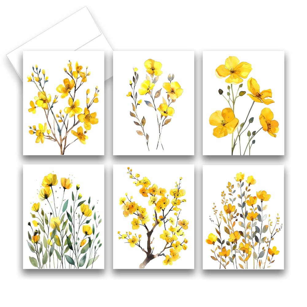 Aria Rae Design Yellow Spring Wildflower Cards, Set of 12, notecard assortment, watercolor notecards, blank note cards, all occasion card, cards with envelopes
