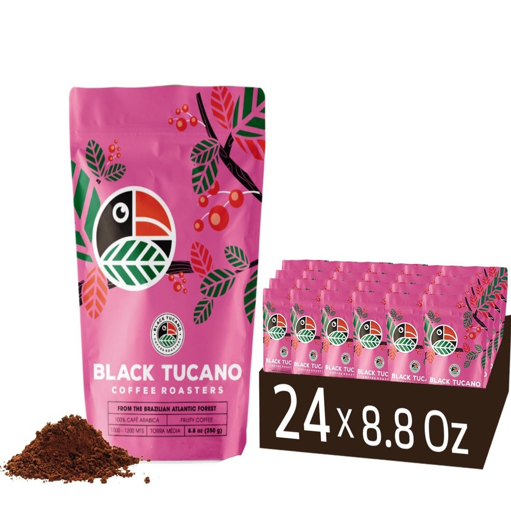 Black Tucano Specialty Coffees - 24 PACK Brazilian Medium Roast Coffee - Exotic Fruit Ground Coffee Box with 6 kilos - 24units of 250gr Best Deal send from the Factory to your Home Fresh