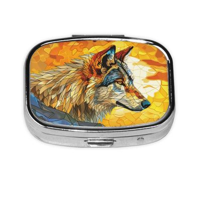 IYOVI Wolf On A Stained Glass Printed Pill Box/Pill Case Portable Square Pill Box, Pill Case for Purse Pill Box Travel, 2.2x1.6in