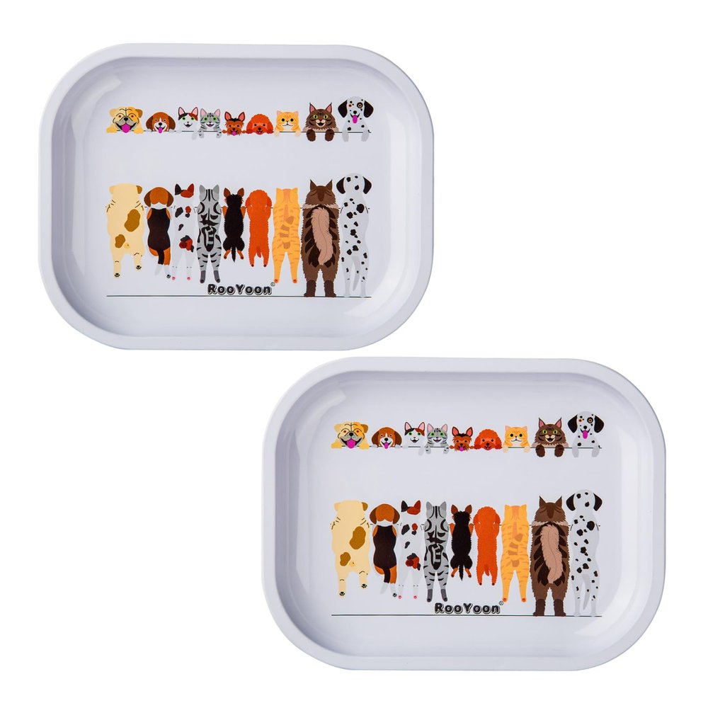 2Pcs Rolling Tray, Small Size-7"x5.5" Cute Cartoon Metal Tray Combo, Storage & Serving Trays, Decorative Tray, Organizer Pallet (2pcs-White)