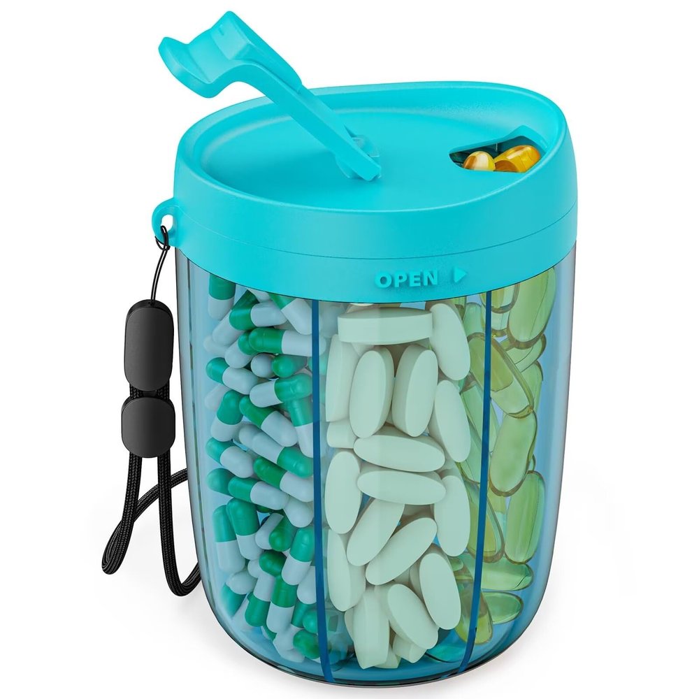 PULIV Large Pill Bottle Organizer, Supplement Organizer for Holding 6 Various Vitamins, Pill Box Case with Anti-Mixing & Wide Opening Design, Easy to Retrieve Meds and 20 Pcs Stick-on Labels, Blue