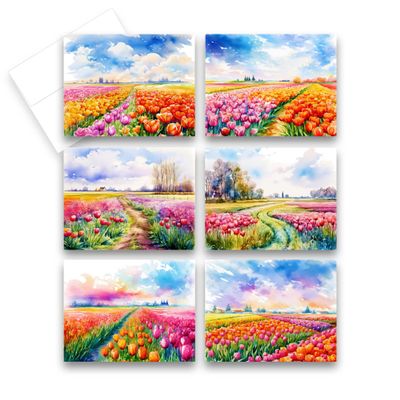 Aria Rae Design Tulip Fields Notecard Set, Set of 12, Watercolor greeting cards, assorted cards, tulip notecards, set of blank note cards, all occasion cards, blank inside