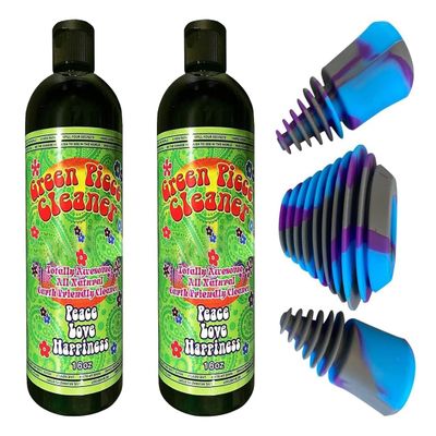 Green Piece Glass Cleaner 2 Bottles (Made in USA)-16 oz with 1Purple Psychedelic Plug Set - Excellent for Cleaning and Smell Proofing