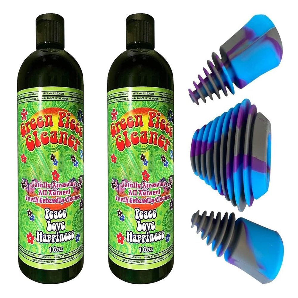 Green Piece Glass Cleaner 2 Bottles (Made in USA)-16 oz with 1Purple Psychedelic Plug Set - Excellent for Cleaning and Smell Proofing