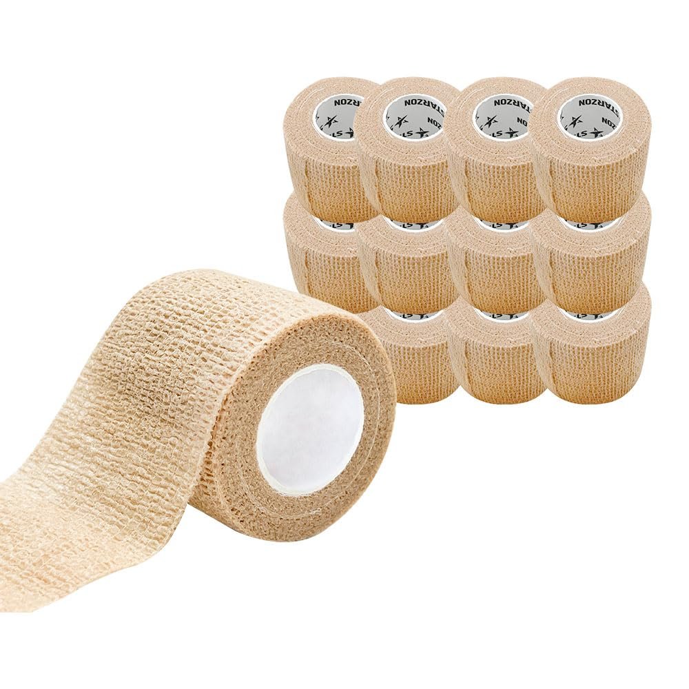 STARZON 12 Pack 2 Inch x 5 Yards Rolls Self Adhesive Bandage Breathable Cohesive Bandage Wrap Elastic Self-Adherent Tape for Stretch Athletic, Sports, Wrist, Ankle, Beige