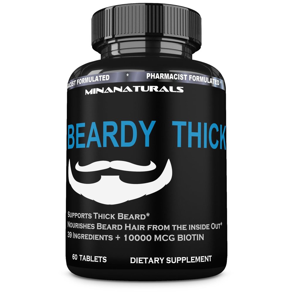 MINANATURALS BEARDY Thick Beard Growth Vitamins for Men, B7 Biotin 10000 mcg, Keratin, Collagen, Silica, and 36 More. Grow Beard Thicker, Stronger. Facial Hair Growth Treatment. 60 Tablets