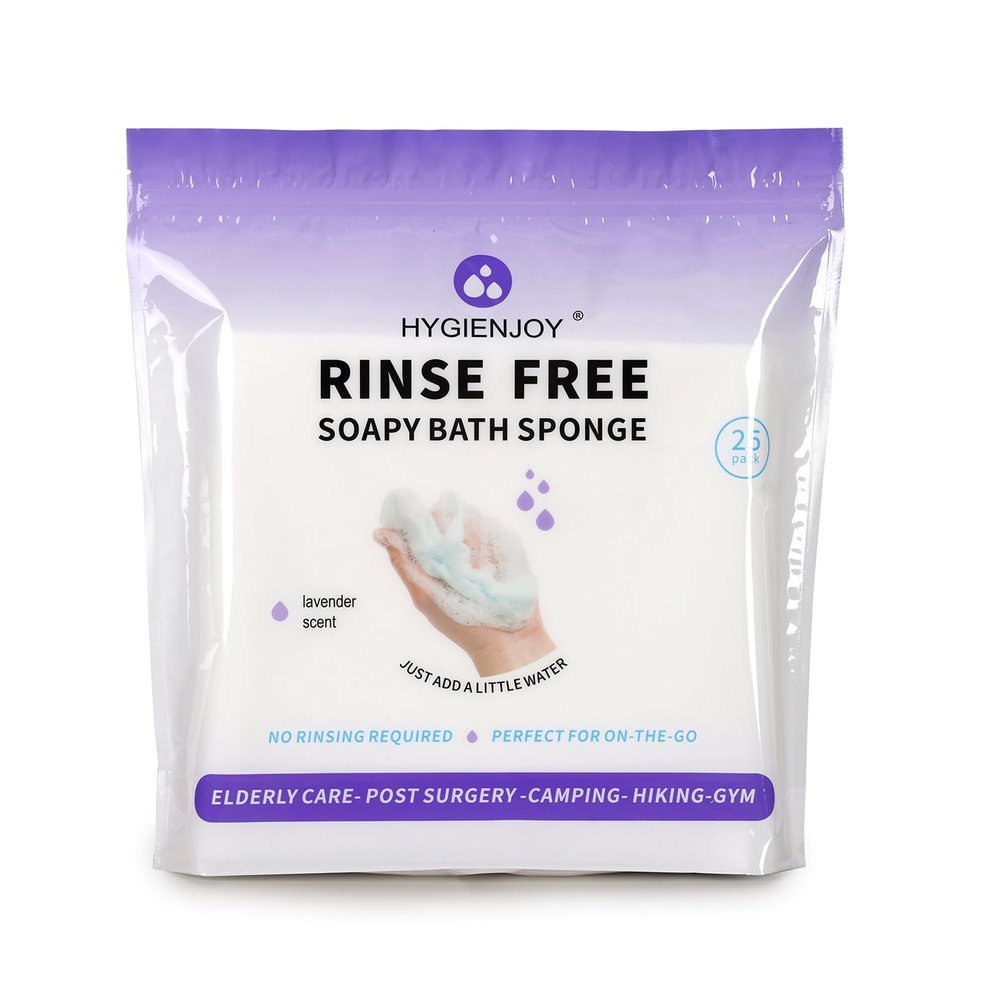 HYGIENJOY-21% Larger Rinse Free Bath Sponges for Adults-Disposable No Rinse Bathing Wipes-Soap Infused,Dry Shower Wipes for Elderly,Camping,Post Surgery Must Haves,(Lavender 25 Counts