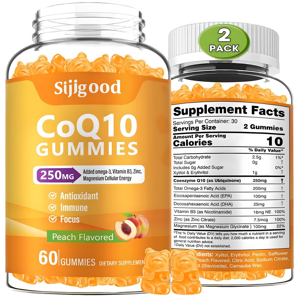2 Pack CoQ10 Gummies, Plus Omega-3, Vitamin B3 and Zinc, Magnesium, 5X High Absorption Coenzyme Q10 Supplements, q10 for Boost Cellular Energy, Potent Antioxidant & Brain, Peach Flavor, 120 Cts