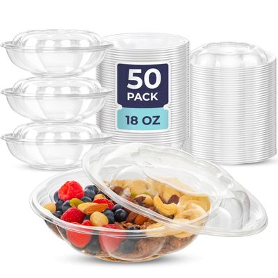 Fit Meal Prep 50 Pack 18 oz Disposable Plastic Clear Salad Bowls with Airtight Lids - To Go for Lunch, Takeout, Party, Catering, Picnic
