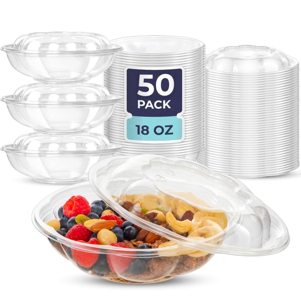 Fit Meal Prep 50 Pack 18 oz Disposable Plastic Clear Salad Bowls with Airtight Lids - To Go for Lunch, Takeout, Party, Catering, Picnic