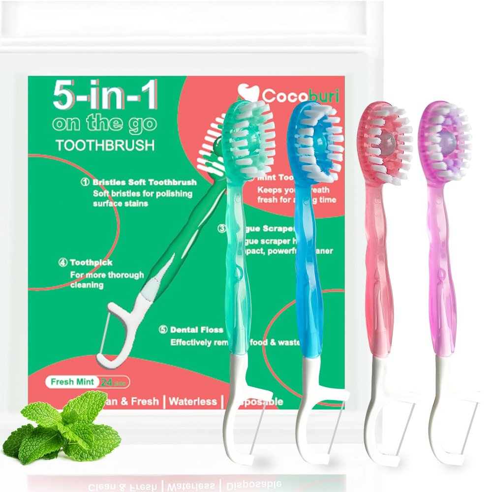 COCOBURI 5 in 1 Disposable mini Toothbrushes on The go Toothbrush Portable Travel ToothbrushToothpaste + Tongue Scraper + Floss + Picks Individually Wrapped Prepasted Oral Care Mint 24 Packs