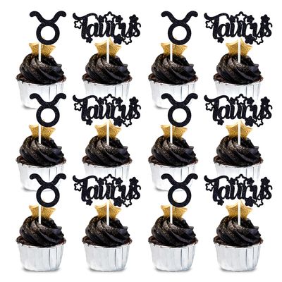 12Pcs Taurus Cupcake Topper, Big Taurus Energy/Taurus Season, 12 Constellation April/May Birthday Cupcake Decoration, Horoscope Astrology Birthday Party Supplies, Black Glitter
