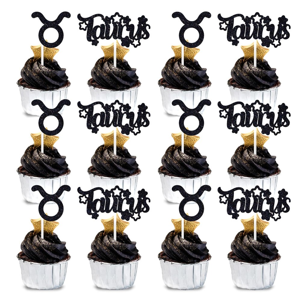 12Pcs Taurus Cupcake Topper, Big Taurus Energy/Taurus Season, 12 Constellation April/May Birthday Cupcake Decoration, Horoscope Astrology Birthday Party Supplies, Black Glitter