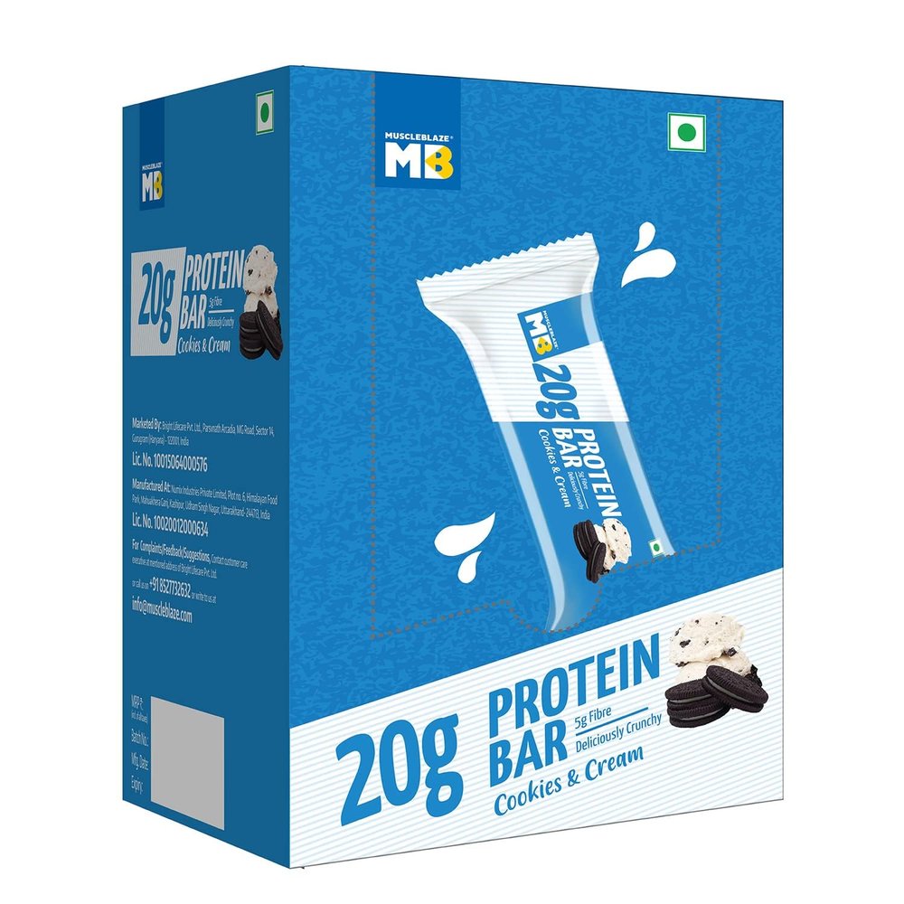 20 gram Protein Bar, Cookies & Cream, Protein Blend, Fibre, 100% Veg, Gluten-Free, Healthy Protein Snacks, For Energy & Fitness (Pack of 6)