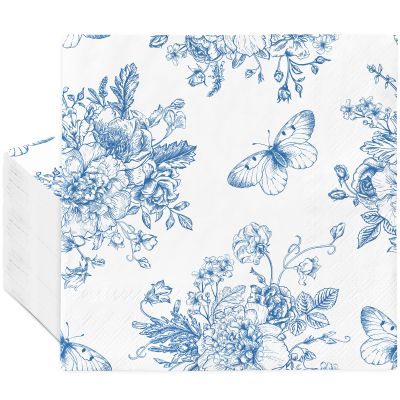 JarThenaAMCS 50Pcs Blue Floral Paper Napkins Butterfly Flower Luncheon Napkin Dessert Dinner Hand Napkin for Spring Summer Wedding Bridal Baby Shower Birthday Garden Tea Party Supplies