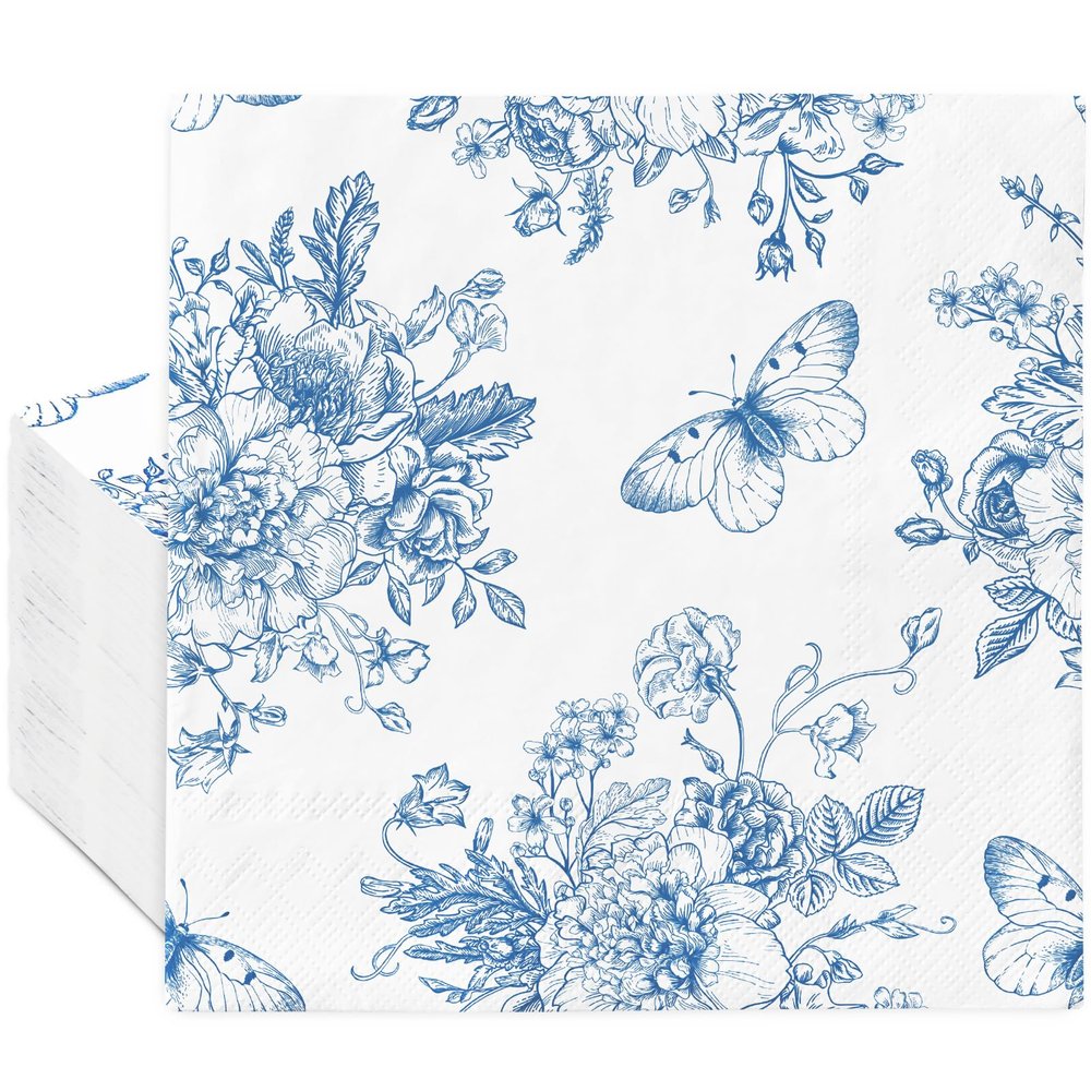 JarThenaAMCS 50Pcs Blue Floral Paper Napkins Butterfly Flower Luncheon Napkin Dessert Dinner Hand Napkin for Spring Summer Wedding Bridal Baby Shower Birthday Garden Tea Party Supplies