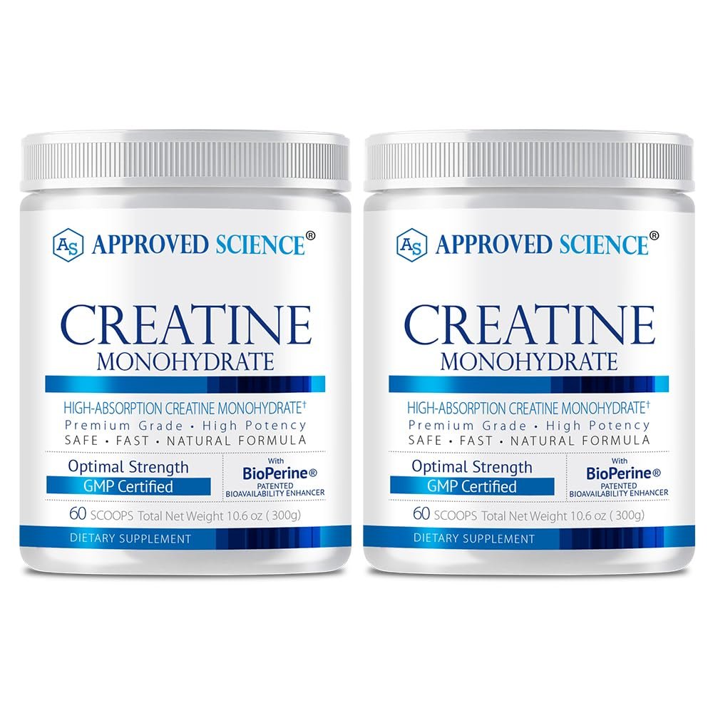 Approved Science Creatine Monohydrate Powder with BioPerine Supports Strength, Lean Muscle & Recovery 5g Per Serving Unflavored Creatine Powder Non-GMO, Vegan 120 Servings (Pack of 2)