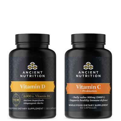 Ancient Nutrition Vitamin D Capsules, 60 Count + Vitamin C Capsules, 60 Count