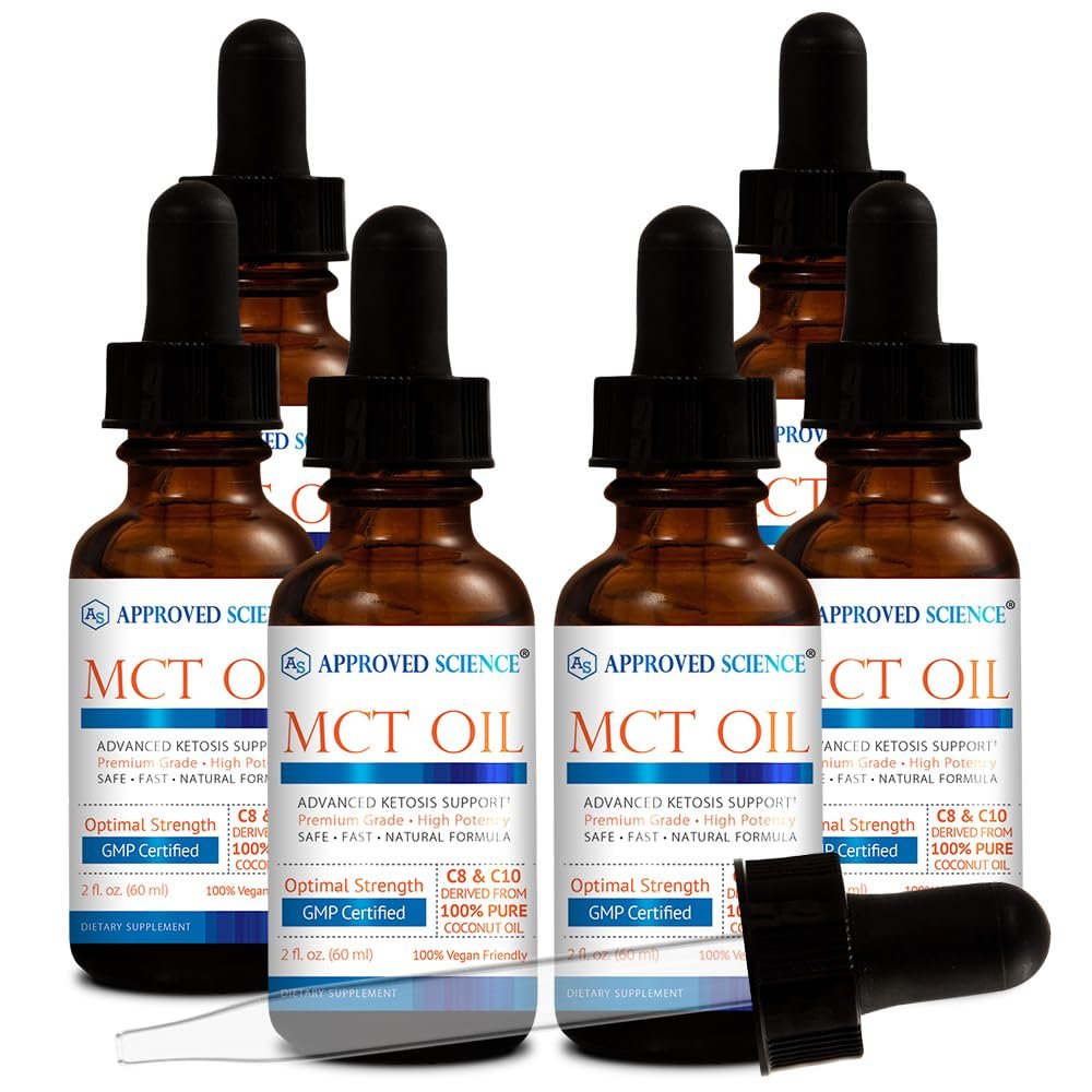 Approved Science MCT Oil - Pure Medium-Chain Triglyceride (MCT) Oil derived from Coconuts with Caprylic Acid (C8) and Capric Acid (C10) - Vegan, 60 ml - Pack of 6