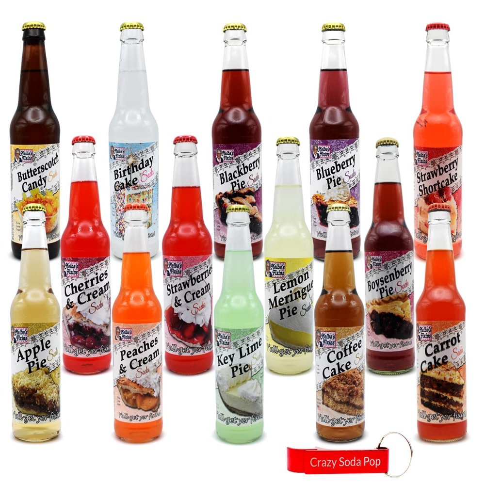 NineLife Basics Melba's Fixins Soda | 12 Pack of Unique Pie Flavored Soda Pop with Real Cane Sugar | 12 oz Glass Bottles in a Mixed 12 Pack Sampler with Crazy Soda Pop Bottle Opener