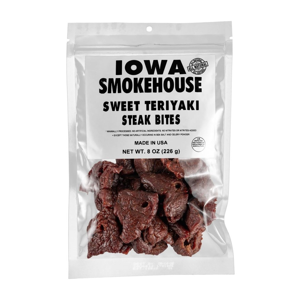 IOWA SMOKEHOUSE Steak Bites, Sweet Teriyaki - Tender Nugget Meat Snack - All Natural & Gluten Free - 9g of Protein, All USA Beef - 8 Oz (resealable bag)