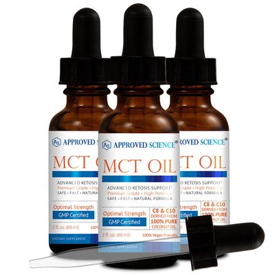 Approved Science MCT Oil - Pure Medium-Chain Triglyceride (MCT) Oil derived from Coconuts with Caprylic Acid (C8) and Capric Acid (C10) - Vegan, 60 ml - Pack of 3
