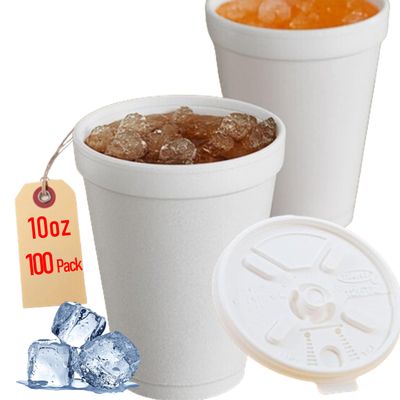10OZ Foam Cups With Lids for Hot & Cold Drinks, USA-Made 100-Pack - Ideal Styrofoam Coffee Cups, Insulating To-Go Cups for Soda, Tea, Juice - Sturdy, Disposable & comparable to Industry standard 10J10