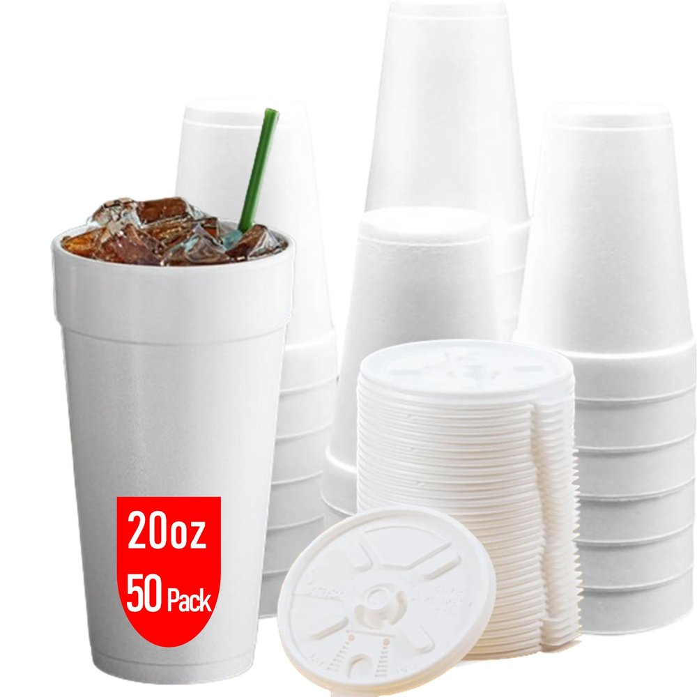 20 OZ Foam Cups With Lids for Hot & Cold Drinks, USA-Made 50-Pack. Ideal Styrofoam Coffee Cups, Insulating To-Go Cups for Soda, Tea, Juice - Sturdy, Disposable & comparable to Industry standard 20J20