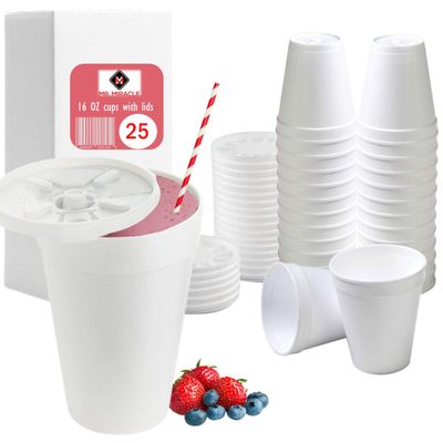 16 OZ Foam Cups With Lids for Hot & Cold Drinks, USA-Made 25-Pack.Ideal Styrofoam Coffee Cups, Insulating To-Go Cups for Soda, Tea, Juice - Sturdy, Disposable & comparable to Industry standard 16J16