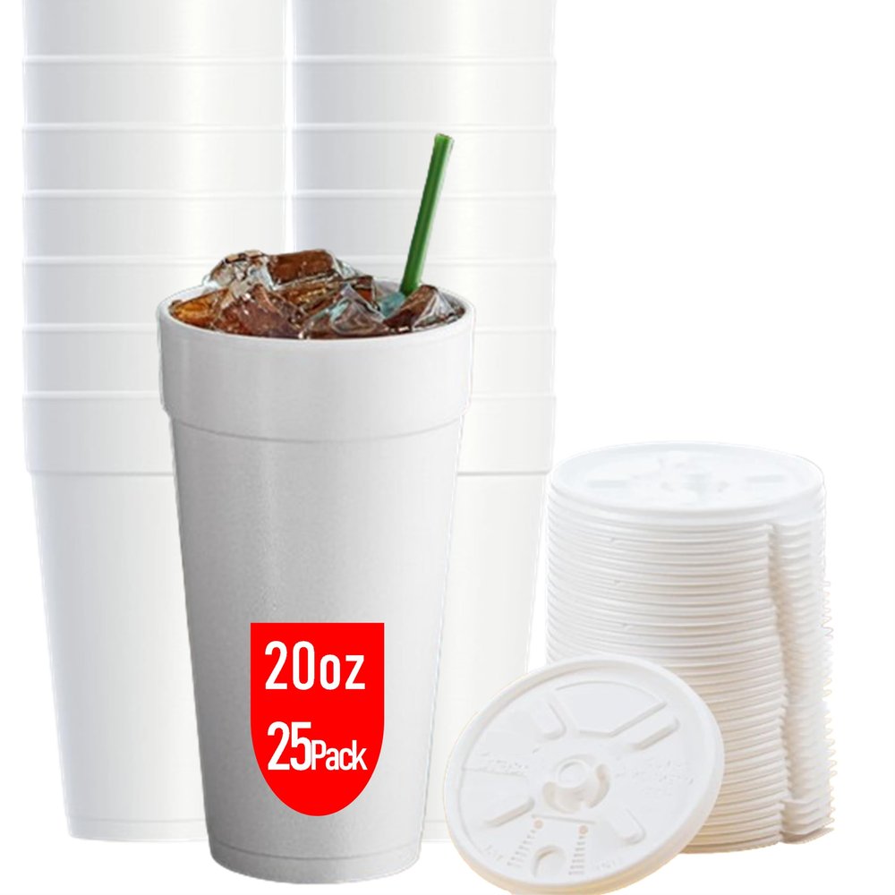 20 OZ Foam Cups With Lids for Hot & Cold Drinks, USA-Made 25-Pack. Ideal Styrofoam Coffee Cups, Insulating To-Go Cups for Soda, Tea, Juice - Sturdy, Disposable & comparable to Industry standard 20J20