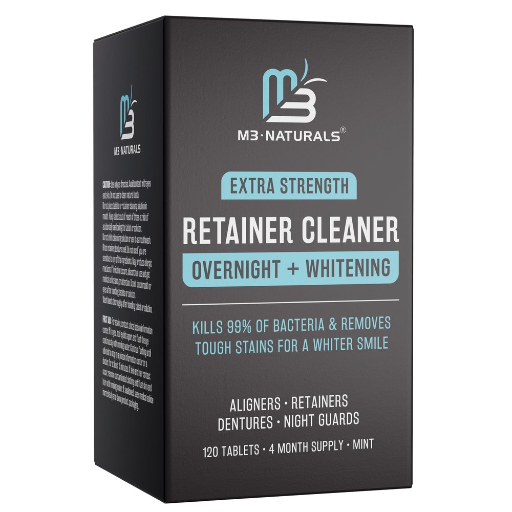 Overnight + Whitening Retainer Cleaner, Remove Stains, Discoloration, and Plaque | 4 Month Supply | Denture Cleanser with Whitening Boost,120 Tablets by M3