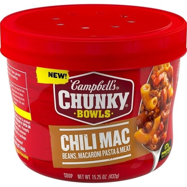 Campbells Chunky Soup, Chili Mac Soup, 15.25 oz Microwavable Bowls (Pack of 8)