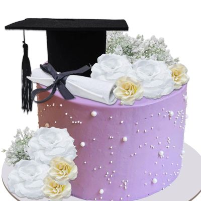11 PCS Congrats Grad Cake Topper Graduation Caps Scroll Decorations with Artificial Champagne/White Flowers and Babys Breath for Graduation Party Birthday Party Supplies