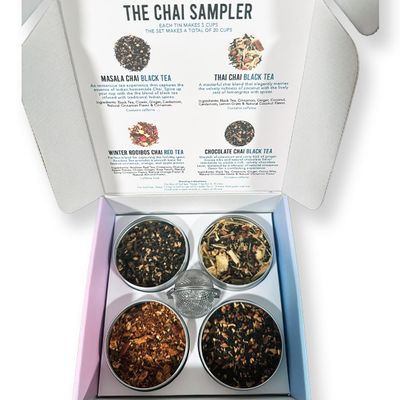 The Chai Tea Sampler Box, Tea Variety Pack, Tea Gift Box Includes Masala Chai, Thai Chai, Winter Rooibos Chai, Chocolate Chai Teas and Tea Infuser
